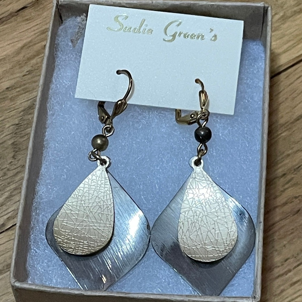 Sadie Greens Dangle Earrings Gold and Silver Tone Layered Teardrop Artsy Neutral